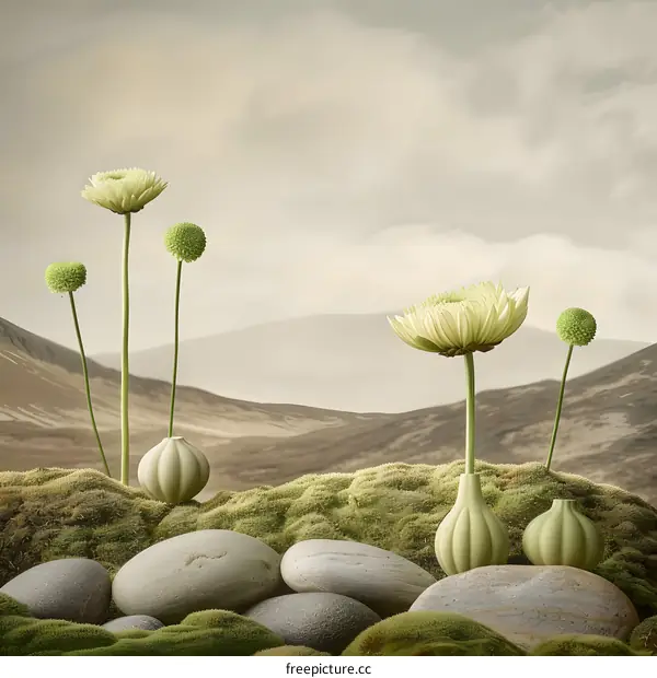 Green Flowers, Stones and Moss Background