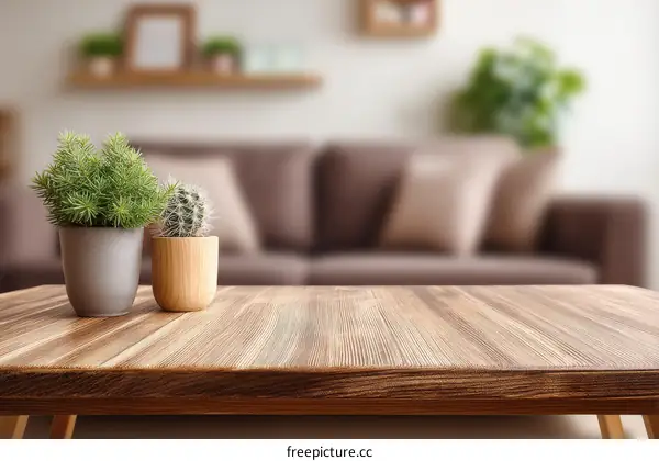 Wooden Table Top with Plants in Living Room