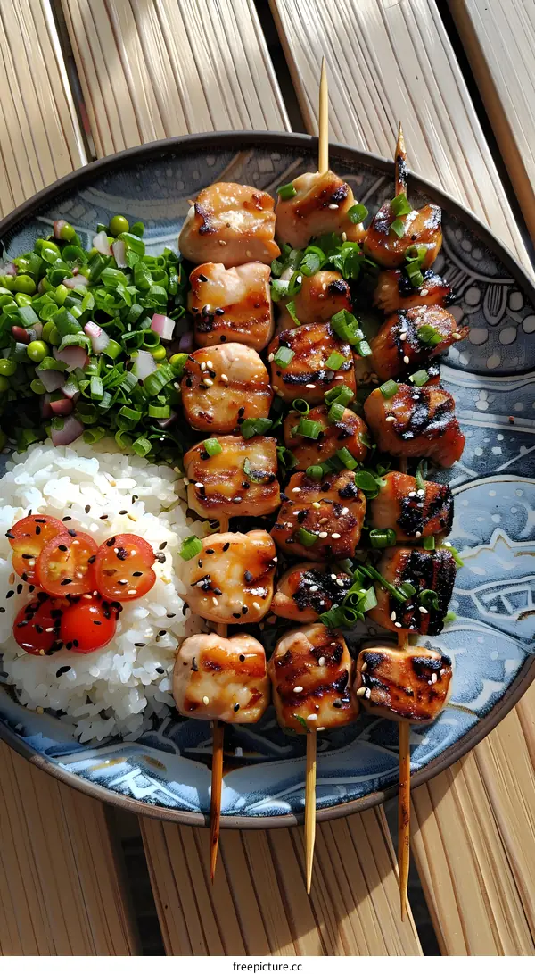 Grilled Salmon Skewers with Rice and Salad
