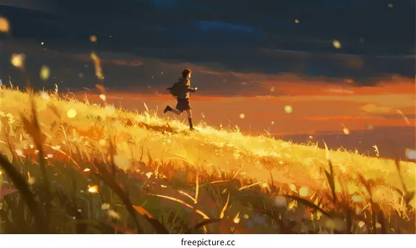 A lone figure running through a golden grassy field at sunset