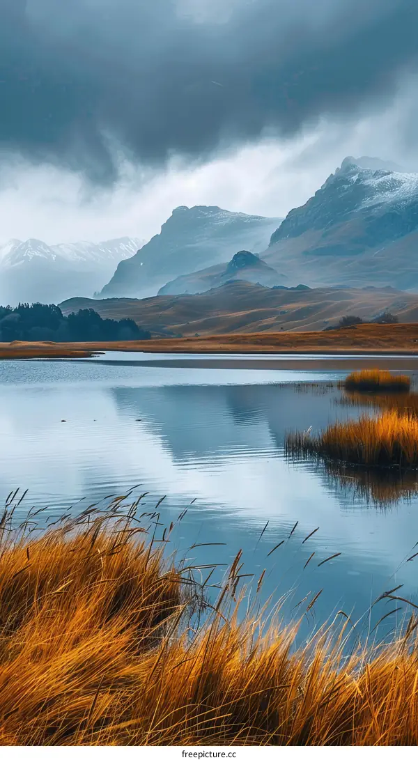 Mountain Lake Landscape with Long Grass in the Foreground