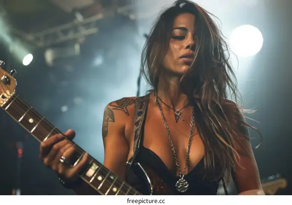 Female guitarist playing electric guitar on stage during live concert