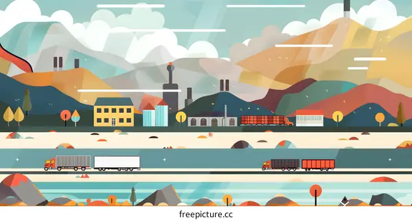 Colorful Geometric Illustration of Mountains and City with Trucks