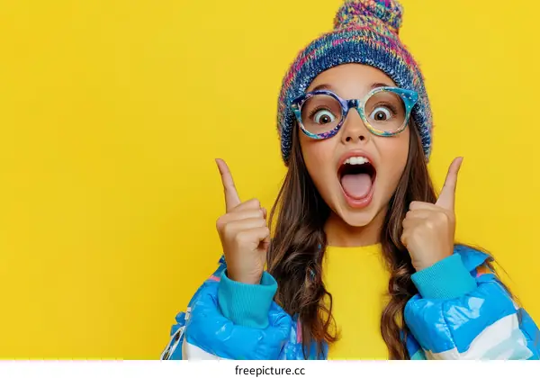 Excited Girl with Colorful Winter Hat and Glasses