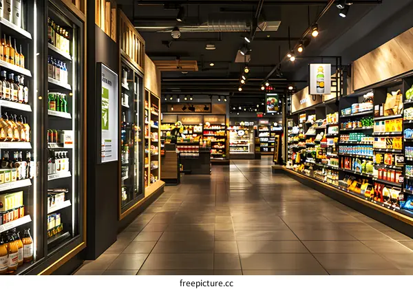 Modern Grocery Store Interior with Shelves Full of Products