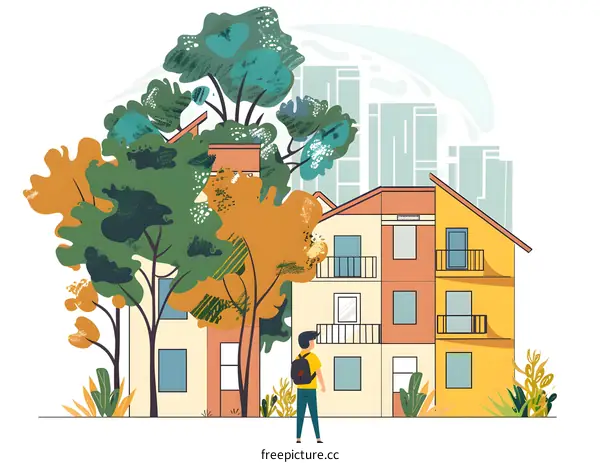 Young Man Standing in Front of a House in a Suburb with Green Trees