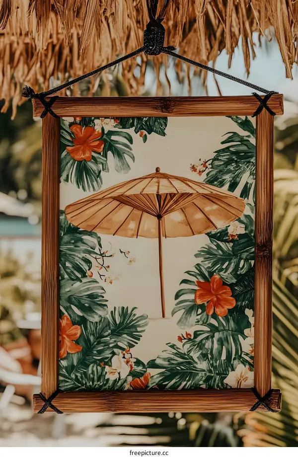 Tropical Umbrella Painting Framed In Bamboo