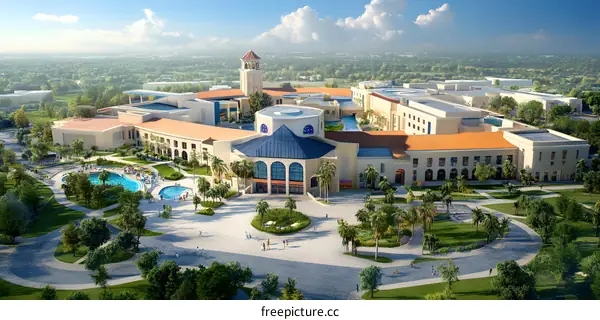 Aerial View of Modern University Campus with Pool and Palm Trees