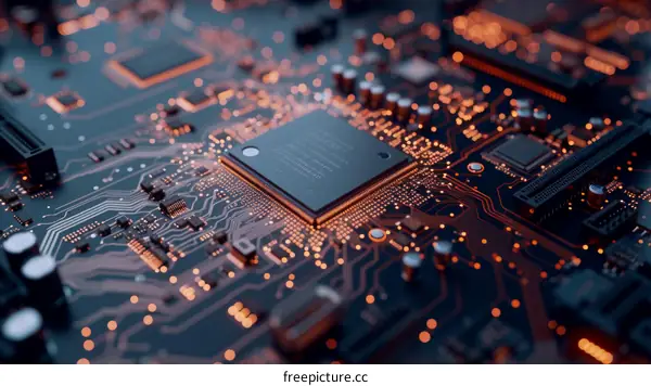 A close-up of a computer chip with orange highlights