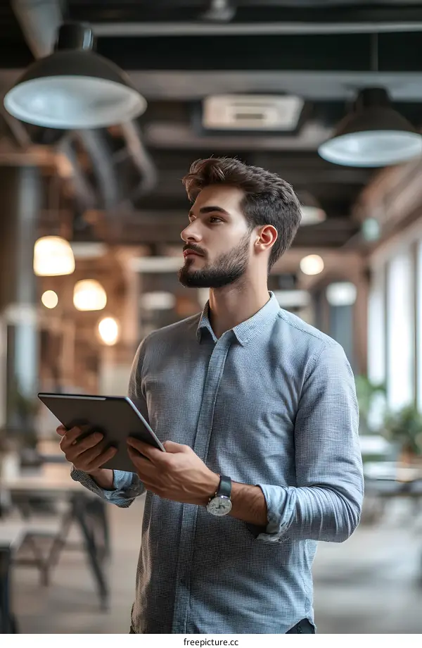 Young Man Using Tablet in Modern Office