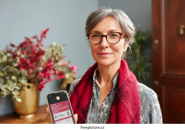 Senior Woman Holding Smartphone with Digital Ticket