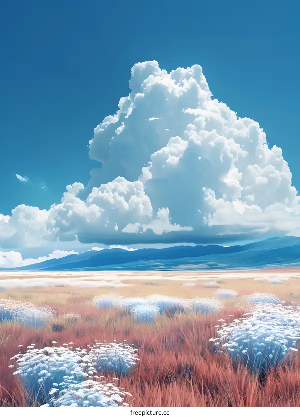 Grassland under blue sky and white clouds