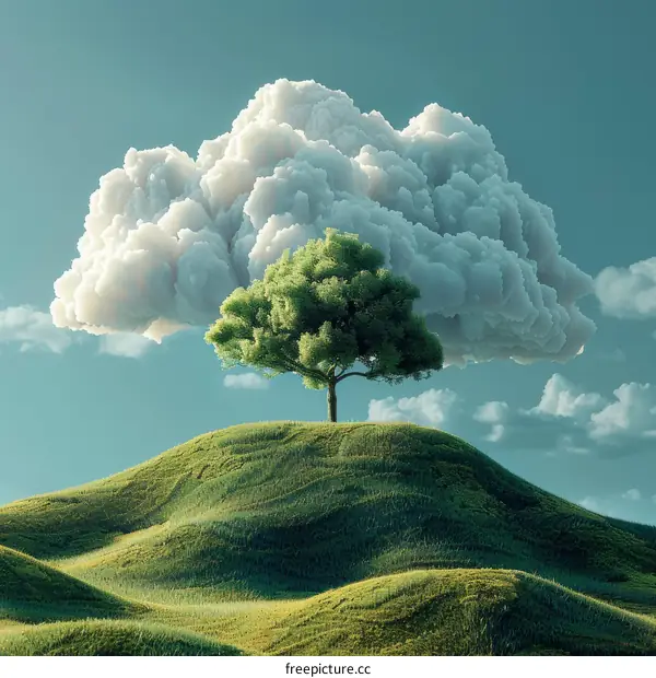Green Tree and Cloud on Top of a Hill