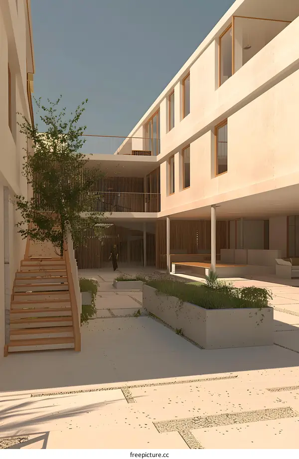 Modern Minimalist Courtyard Design with Stairs and Greenery