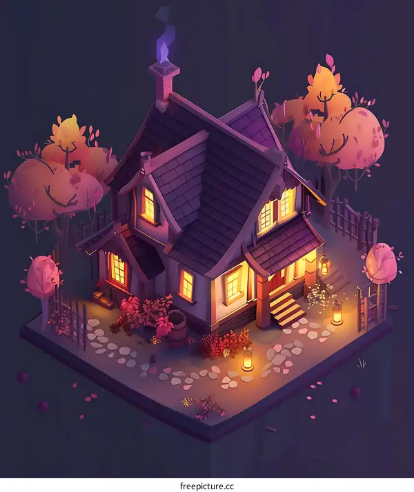 Cozy Cottage Illustration With Illuminated Windows And Path