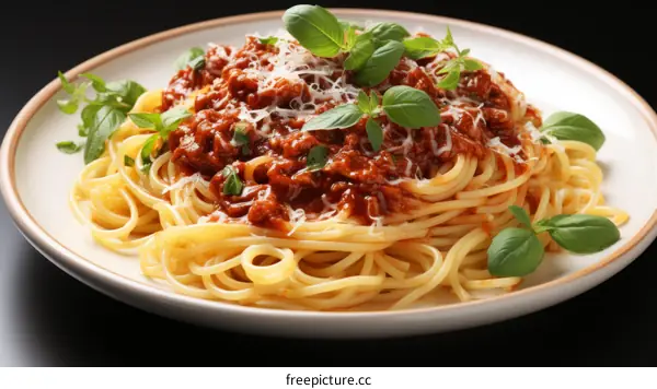 A plate of spaghetti with tomato sauce, basil, and Parmesan