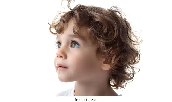Portrait of Little Boy with Curly Hair Looking Up