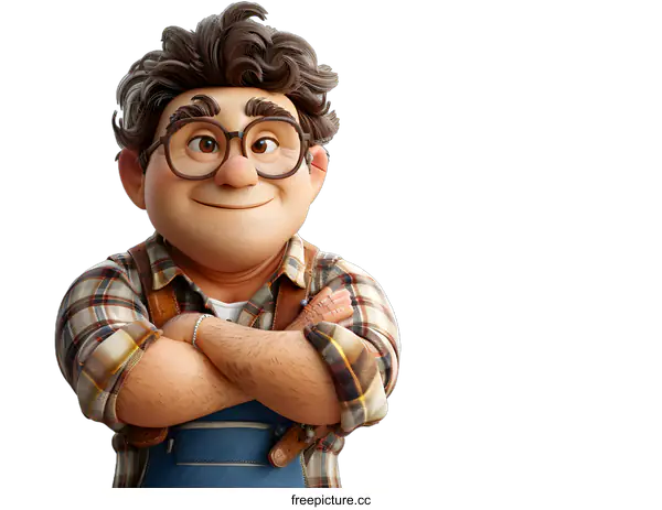 [Transparent Background PNG]Smiling Cartoon Man with Glasses and Plaid Shirt