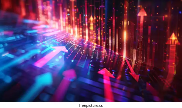 Red and blue glowing arrows pointing up and down over a circuit board background.