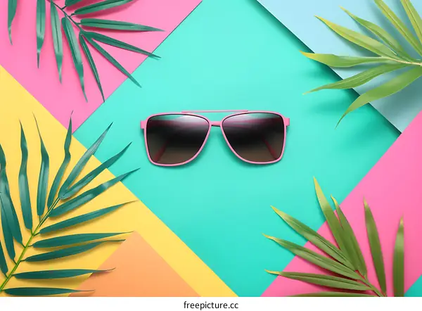 Pink Sunglasses with Palm Leaves on Colorful Background
