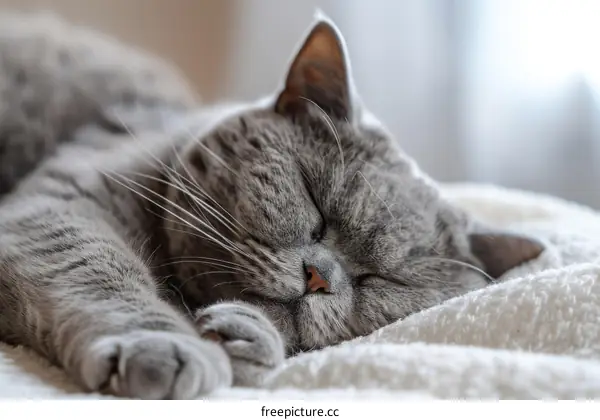 A gray cat is sleeping on a white blanket