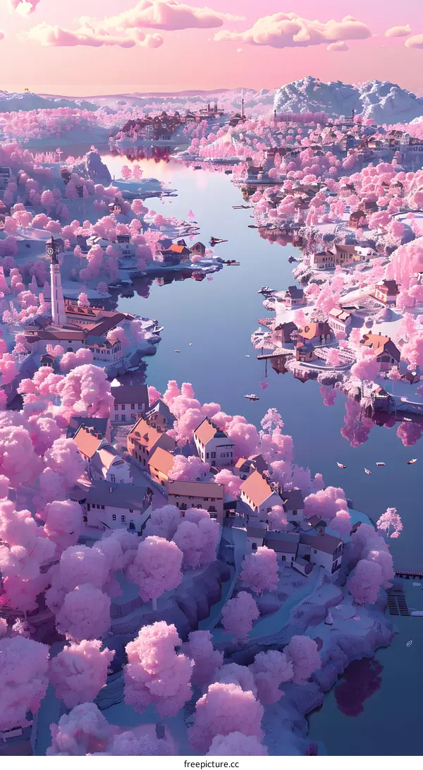 A pinkhued cityscape with a river running through it