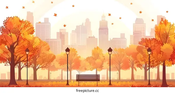 Autumn City Park with Bench and Lampposts