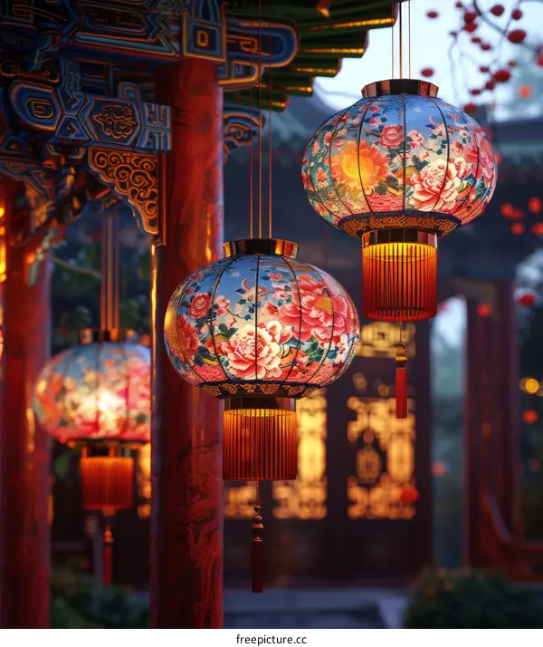 Chinese New Year lanterns hanging from the eaves during the Spring Festival