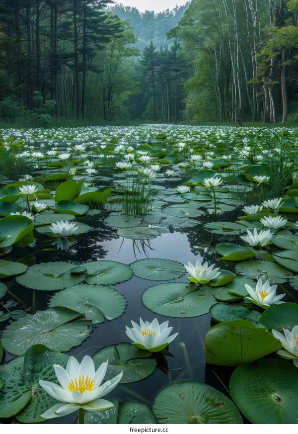 White Water Lilies in a Forest Pond