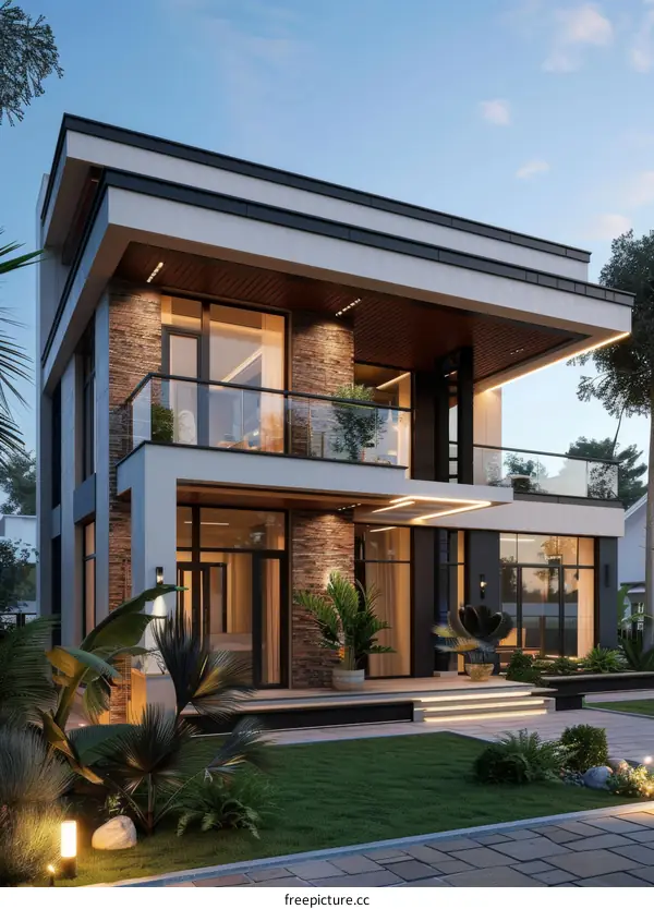 Modern Two-Story House with Balcony at Dusk