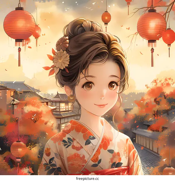 A beautiful Japanese girl with a traditional hairstyle and a kimono is standing in a street with red lanterns.