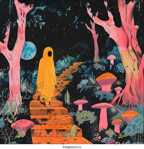 A hooded figure walks up a flight of stairs in a surreal forest