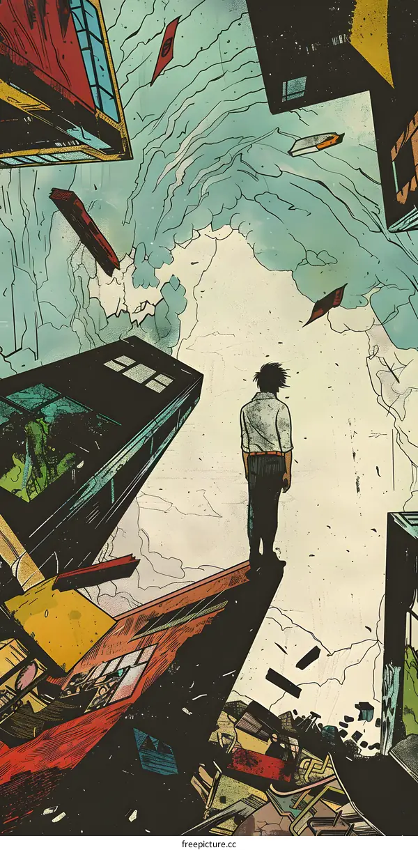 Abstract Illustration of a Man Standing on a Crumbling World