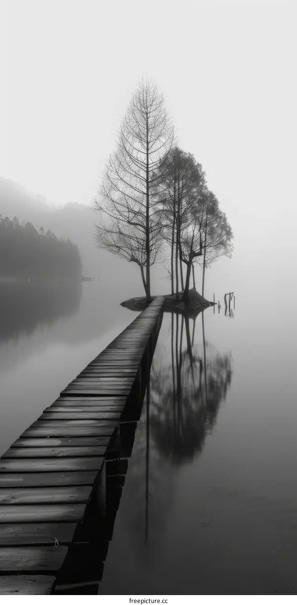 Foggy lake with a wooden dock extending into it and trees in the background