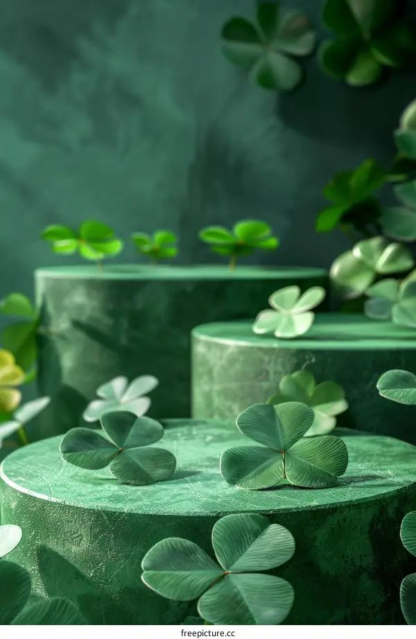 Green podiums with clovers against a dark green background