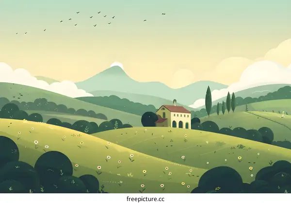 House in the Rolling Hills Illustration