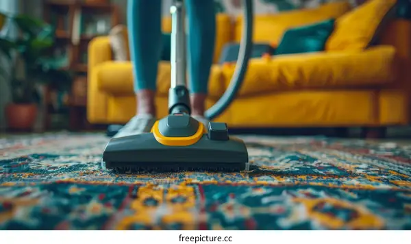 A Person Vacuuming a Rug in a Living Room