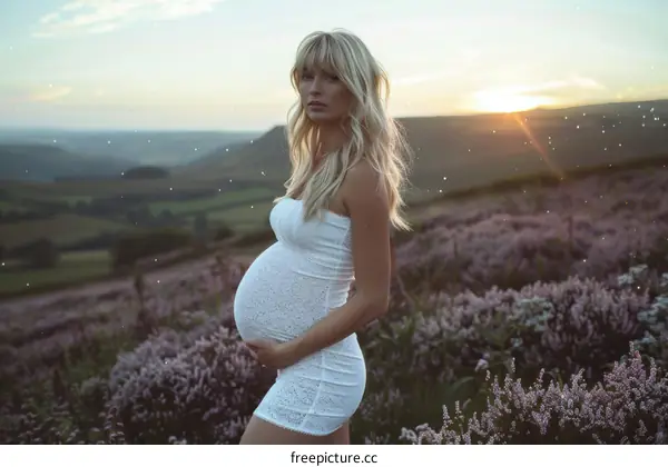 Portrait of a Pregnant Woman Standing in a Field of Purple Flowers