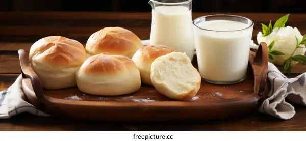 Freshly Baked Bread Rolls with Milk for Breakfast