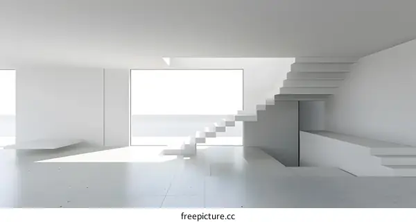 Modern Minimalist Interior Design with Floating Staircase and Ocean View