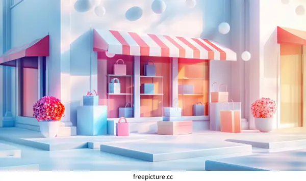 3D rendering of a colorful shopping street with various stores