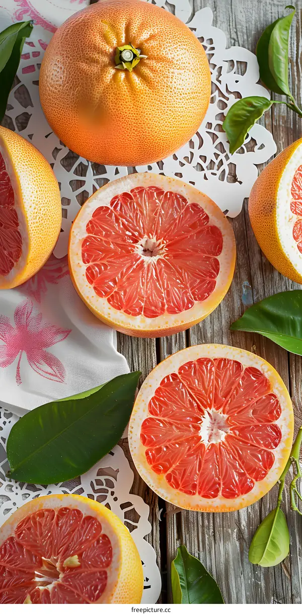 Fresh Ripe Grapefruit Slices On Wooden Background With Green Leaves