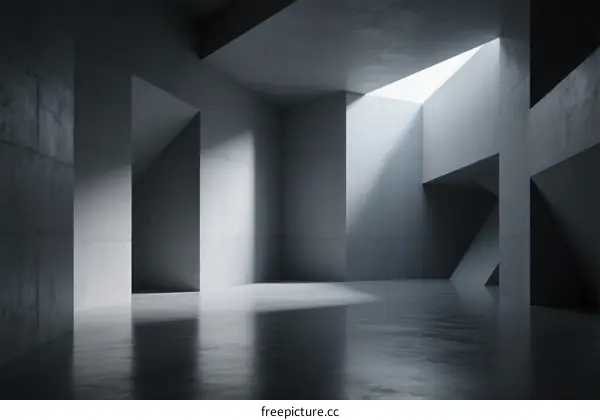 Geometric Concrete Room with Skylight and Reflective Floor