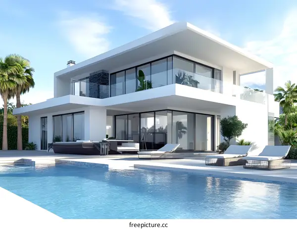 Modern Luxury Villa with Swimming Pool and Palm Trees