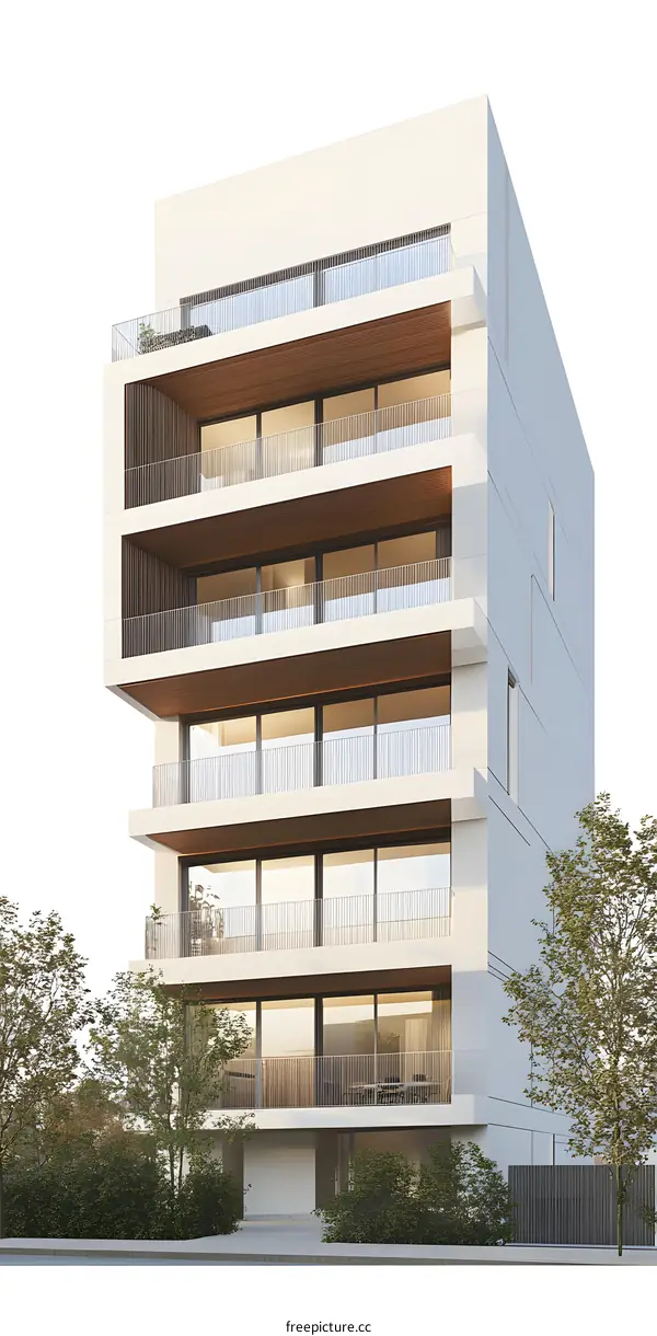 Modern White Building with Balconies and Trees