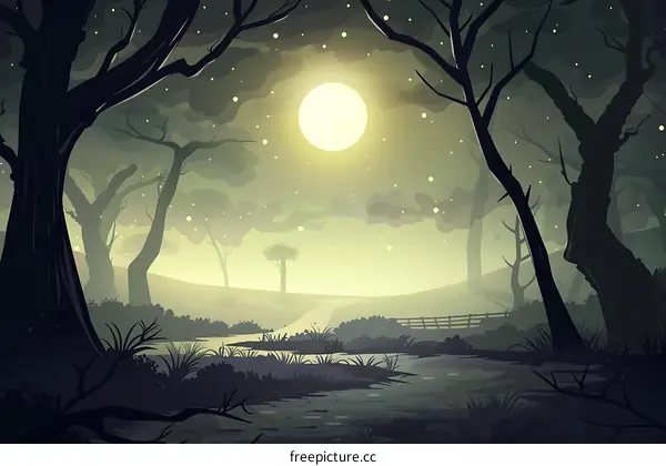Night Forest With Moon and Stars Illustration