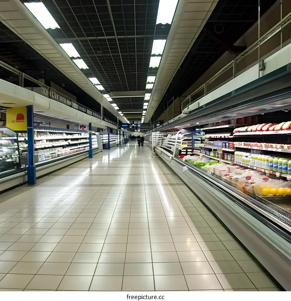 Empty Supermarket Aisle With Refrigerated Shelving