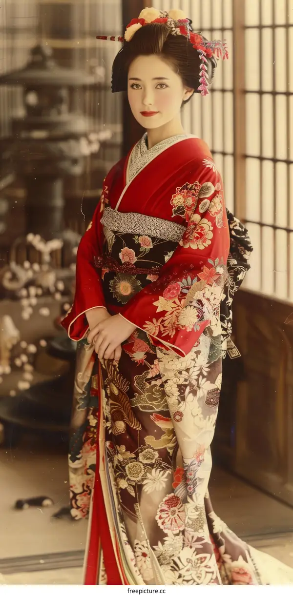 A Japanese woman wearing a kimono