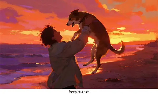 Boy lifting dog on beach during beautiful sunset