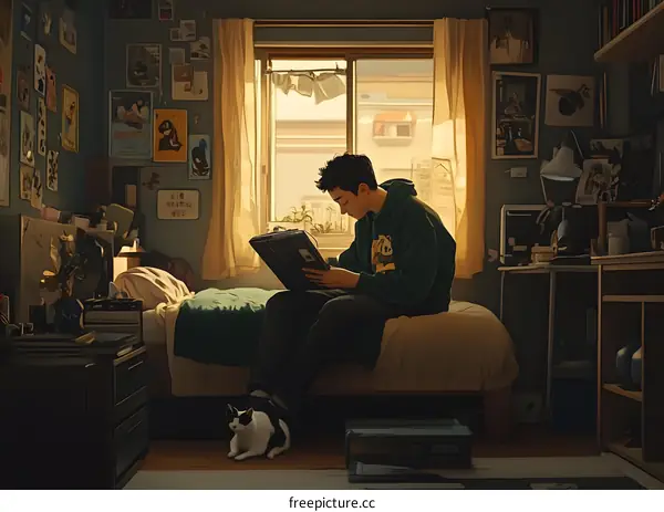 Teenage Boy Reading on Bed in Room with Cat